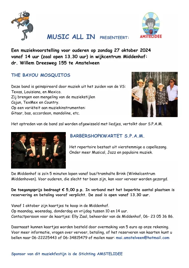 Beeld bij project “Mis het Niet: Music All In op 27 oktober in Wijkcentrum Middenhof, gesponsord door Amstelidee!”